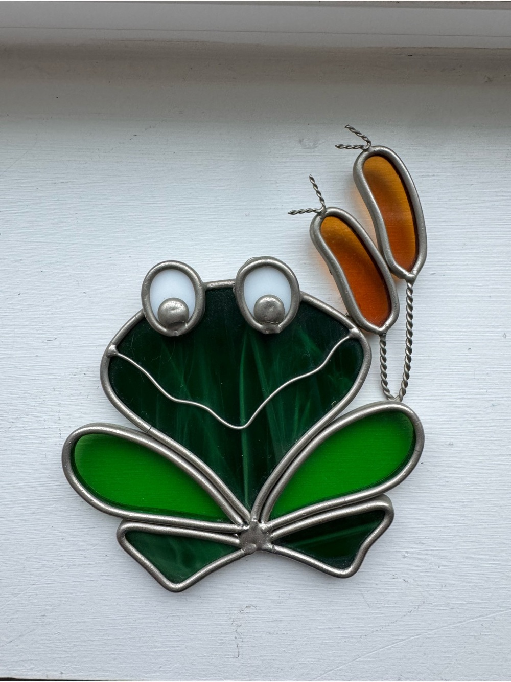Handcrafted Green Stained Glass Frog Suncatcher with Orange Accents